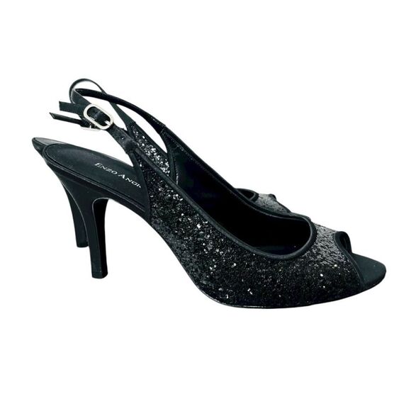 Enzo Angiolini Hitch X3 Black Sequin Shiny Satin Ankle Buckle Peep Toe Heels - Picture 3 of 16